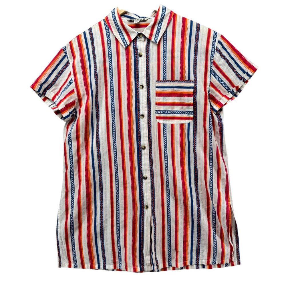 Mountain and Isles Aztec Stripe Shirt Multicolor Button Down Side Slit Size L